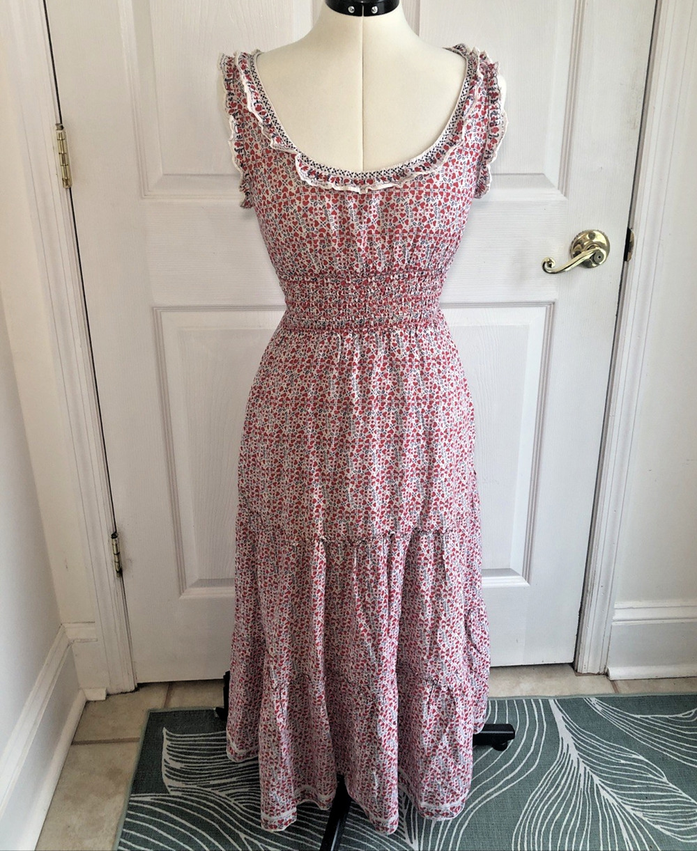 Vtg womens SM Tiered Maxi dress hearts sleeveless Coquette prairie boho milkmaid